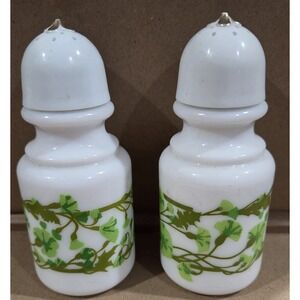 AVON‎ Vtg Milk Glass Green Floral Bath Oil Shakers Repurposed Salt/Pepper Shakes